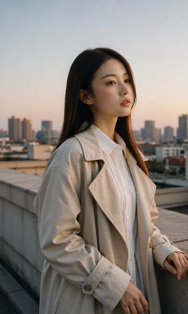 Woman in a light trench coat standing at a rooftop parapet with both hands on the wall at dusk
