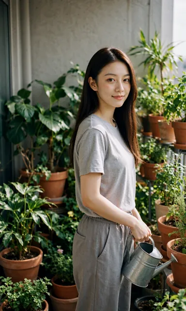 Woman in a grey t-shirt standing among potted plants on a small city balcony holding a watering can