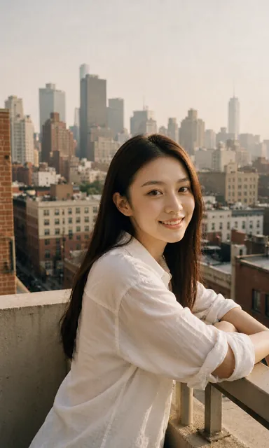 Woman in a white cotton shirt leaning on a balcony railing looking out over a dense city street in afternoon light