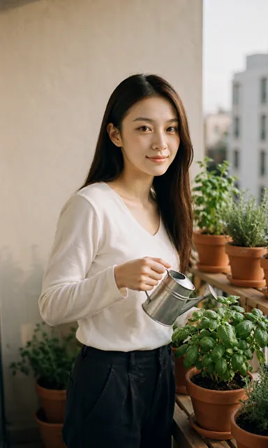 Woman watering basil in a small terracotta pot on a balcony shelf with a metal watering can in morning light