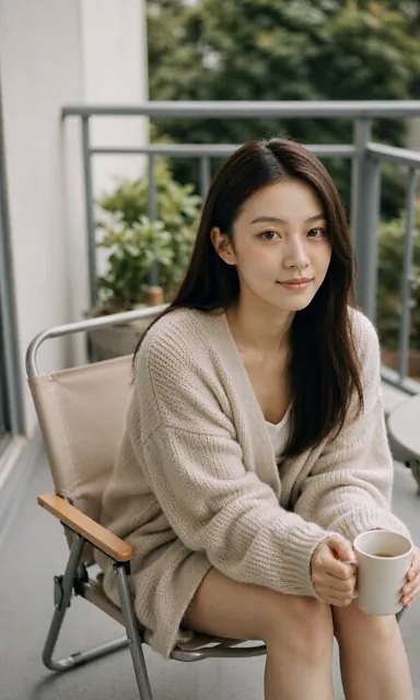 Woman in an oversized knit cardigan sitting on a folding chair on a narrow balcony with a cup on her knee