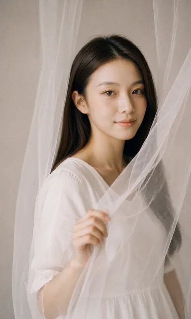 Woman in a white cotton dress standing behind a single layer of thin gauze fabric with soft dissolving light