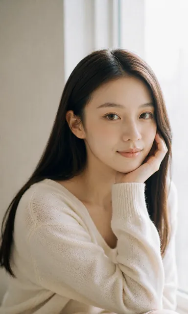 Woman in a soft cream knit seated by a bright hazy window with her chin propped on one hand