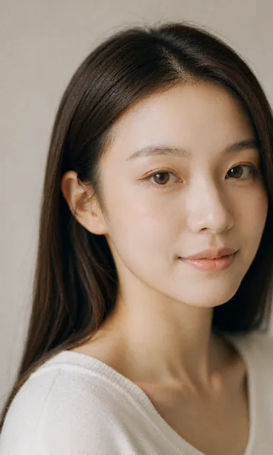 Very close soft portrait of a woman with eyes closed and a relaxed face against a pale wall