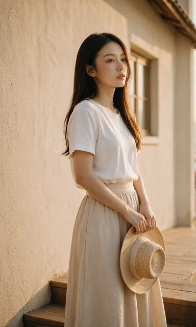 Woman in a white cotton top and long beige linen skirt holding a straw hat on wooden steps outside a pale stucco house