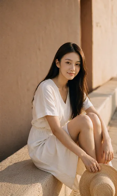 Woman in a white cotton dress sitting on a low stucco wall with a straw hat on her lap in warm late afternoon light