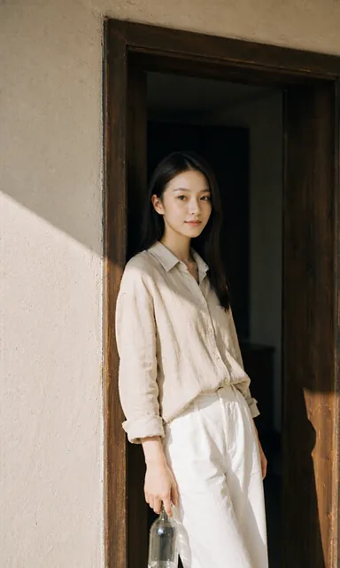 Woman in a beige linen shirt standing in the shade of an old wooden doorway at midday holding a glass bottle of water