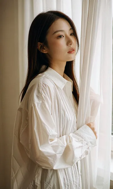 Portrait of a woman in an oversized white cotton shirt standing beside a tall window with sheer curtains, soft morning light