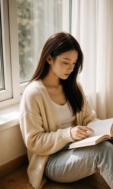 Woman sitting on a wooden floor reading a paperback in late afternoon window light, cream knit cardigan