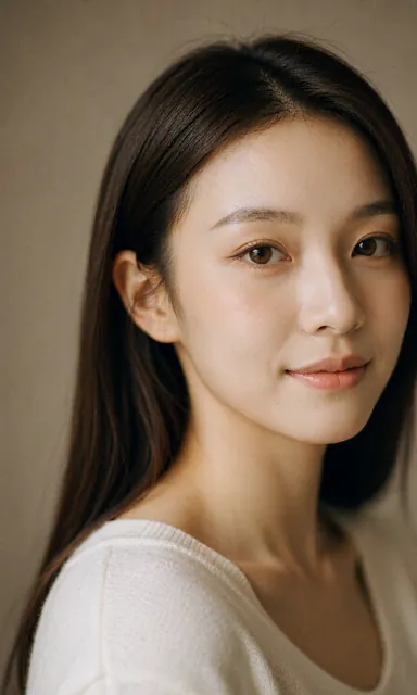 Close-up beauty portrait of a woman with natural makeup and dark hair tucked behind one ear, soft window light