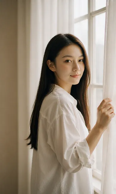 Woman in an oversized white cotton shirt standing three-quarters away at a tall window with a sheer curtain pulled halfway across, soft morning light