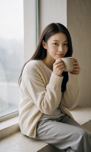 Woman in a cream knit cardigan sitting sideways on a deep window sill holding a ceramic mug, cool overcast daylight in a bare room