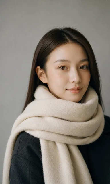 Close portrait of a woman wearing a thick cream wool scarf wound twice around her neck against a cold grey wall