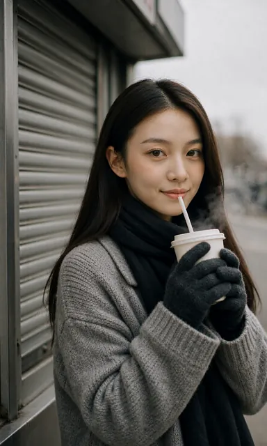 Detail of a woman in knit gloves holding a paper cup on a cold street corner in flat grey winter daylight