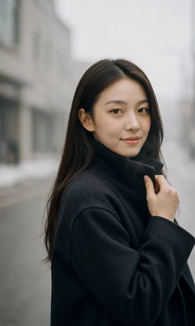 Woman in a dark wool coat with a high collar standing on a quiet winter street with visible breath in cold air
