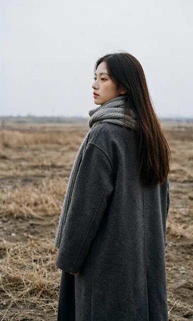 Woman in a long wool coat and knit scarf standing half turned in a bare winter field under flat low daylight